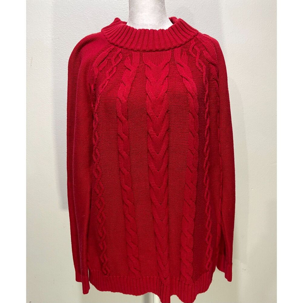 Talbots Chunky cable net sweater crewneck red cotton festive winter women's L